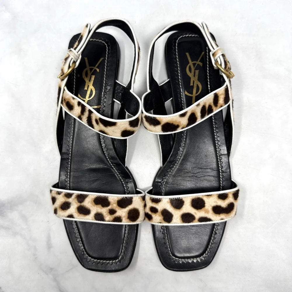 YSL Yves Saint Laurent Vintage Y2K Leopard Calf Hair Leather Flat Sandals Black